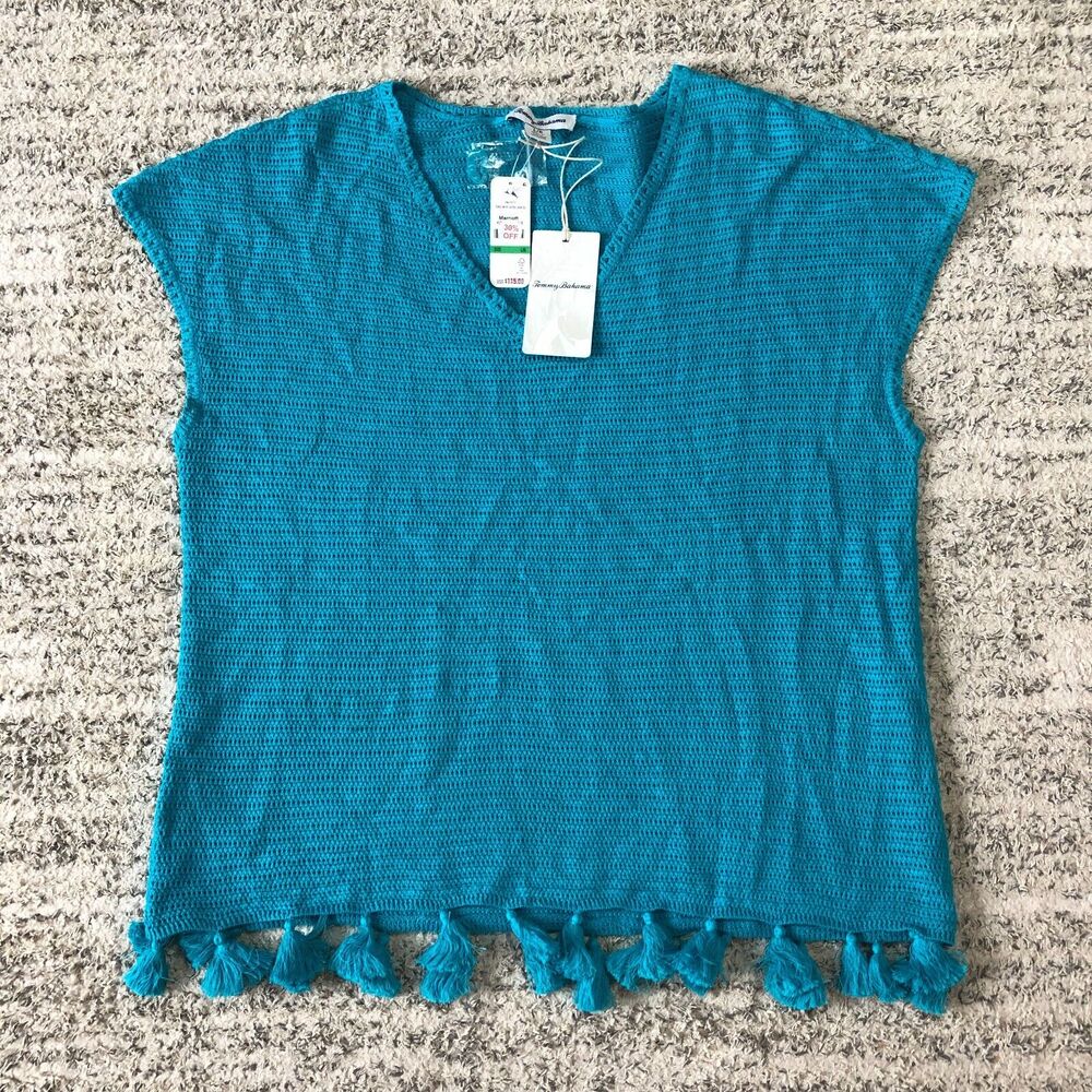 Tommy Bahama Tunic Women's Size Large Blue Linen Blend Pom Pom tasseled
